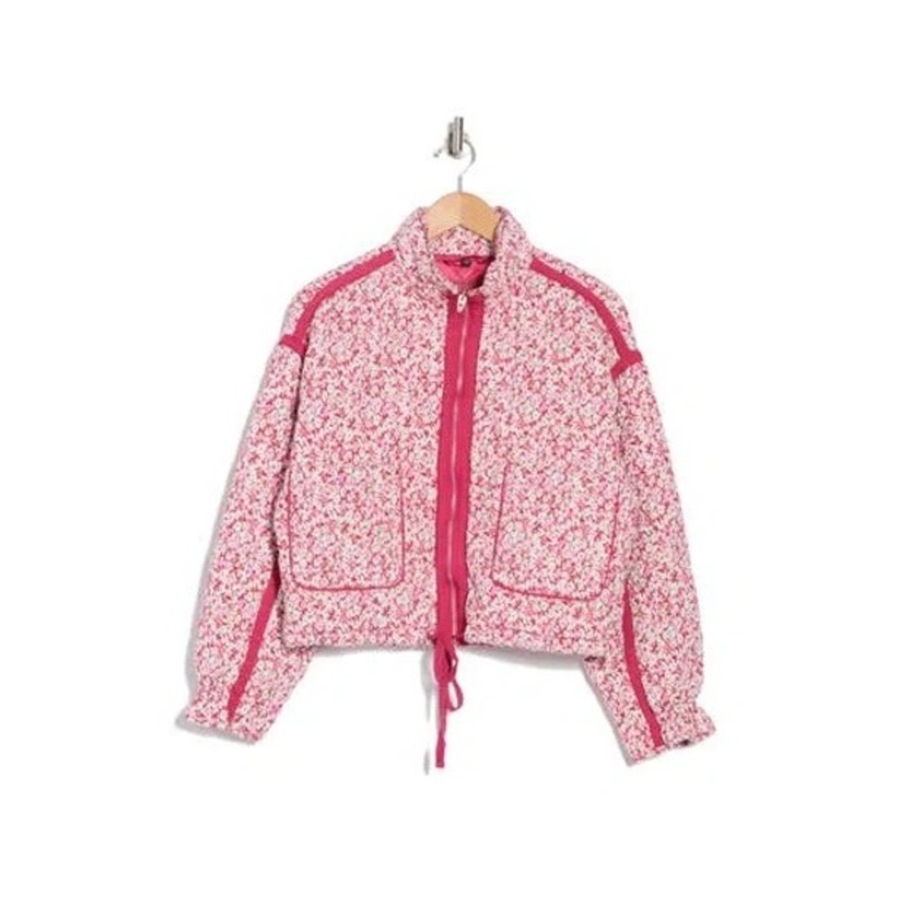 BLANKNYC Floral Quilted Bomber Jacket Pink‎ White Burgundy Women's XL Drawstring